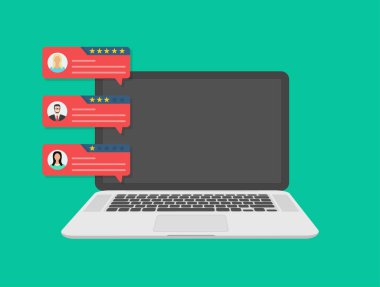 Müşteri inceleme derecelendirme mesajları ile Bilgisayar, masaüstü bilgisayar ekran düz karikatür tasarımı ve online değerlendirmeleri veya müşteri referansları, geribildirim, derecelendirme yıldız. Düz tasarım, vektör illüstrasyon.