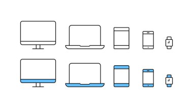 Büyük elektronik cihaz seti sıra tasarımında. Kompakt kişisel bilgisayar, akıllı telefon, cep telefonu, dizüstü bilgisayar. Vektör İllüstrasyonu.