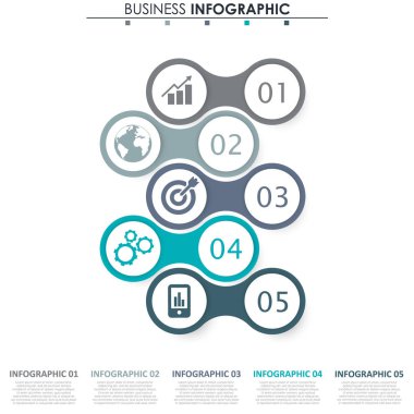 İş verileri, grafik. Grafiğin soyut öğeleri, 5 adımlı diyagram, strateji, seçenekler, parçalar veya süreçler. Sunu için vektör iş şablonu. Bilgi grafiği için yaratıcı konsept.