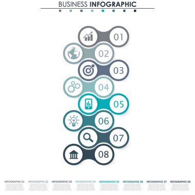 İş verileri, grafik. Grafiğin soyut öğeleri, 8 adımlı diyagram, strateji, seçenekler, parçalar veya süreçler. Sunu için vektör iş şablonu. Bilgi grafiği için yaratıcı konsept.