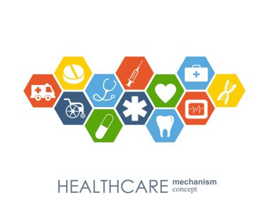 Sağlık mekanizması kavramı. Arka plan bağlı ve tıp, sağlık, strateji, bakım, tıp, ağ, sosyal medya ve genel kavramlar için simgeler. Vektör Infographic.