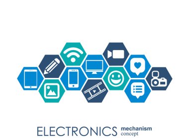 Elektronik mekanizma. Arka plan bağlı ve tümleşik düz simgeler. Bağlı sembolleri Monitor, telefon. Etkileşimli vektör çizim.