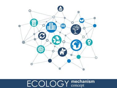 Ekoloji mekanizması kavramı. arka plan bağlı ve Çevre Dostu, enerji, çevre, yeşil, geri dönüşüm, biyo ve genel kavramlar için simgeler. vektör Infographic illüstrasyon.
