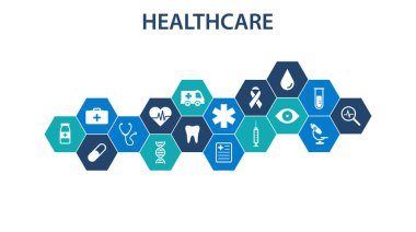 Sağlık kavramı. Soyut altıgenler tıp, sağlık, strateji, bakım, tıp, sağlık, çapraz, dna, poster, web afiş için simgeleri ile tıp ve bilim arka plan şekli. Vektör çizim.