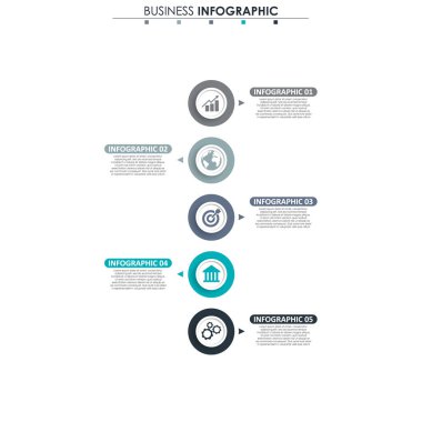 İş verileri, grafik. Grafiğin soyut öğeleri, 5 adımlı diyagram, strateji, seçenekler, parçalar veya süreçler. Sunu için vektör iş şablonu. Bilgi grafiği için yaratıcı konsept.
