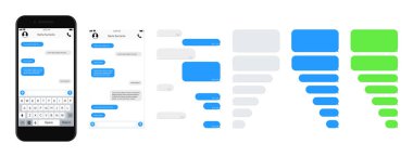 Smartphone sohbet şablonu kabarcıkları. SMS sohbet bestecisi. Mesaja kendi mesajınızı yazın. Telefon sohbeti baloncuk şablonları. Vektör illüstrasyonu.