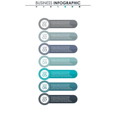 İş verileri, grafik. Grafiğin soyut öğeleri, 7 adımlı diyagram, strateji, seçenekler, parçalar veya süreçler. Sunu için vektör iş şablonu. Bilgi grafiği için yaratıcı konsept.