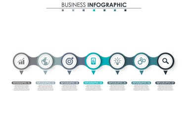 İş verileri, grafik. Grafiğin soyut öğeleri, 7 adımlı diyagram, strateji, seçenekler, parçalar veya süreçler. Sunu için vektör iş şablonu. Bilgi grafiği için yaratıcı konsept.