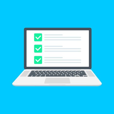 Denetim listesi tarayıcı penceresi. Onay işareti. Dizüstü ekran beyaz zamanında. Seçim anketi kavramları. Öğeleri web afiş, Web siteleri, infographics için. Düz tasarım, vektör çizim arka plan üzerinde.