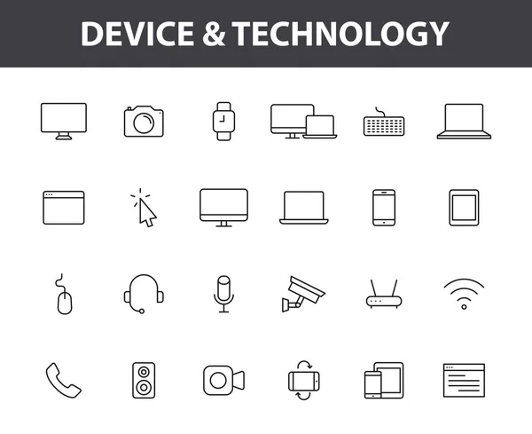 Set van 24 apparaat en technologie Web iconen in lijnstijl. Computer monitor, smartphone, Tablet en laptop. Vector illustratie. — Stockvector