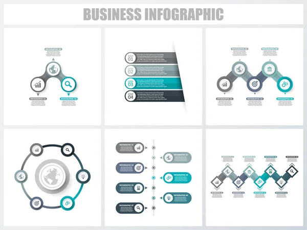 Infográficos abstratos opções de número modelo 3, 4, 5, 6, 7, 8. Ilustração vetorial. Pode ser usado para layout de fluxo de trabalho, diagrama, opções de passo de negócios de estratégia, banner e conjunto de design web . — Vetor de Stock