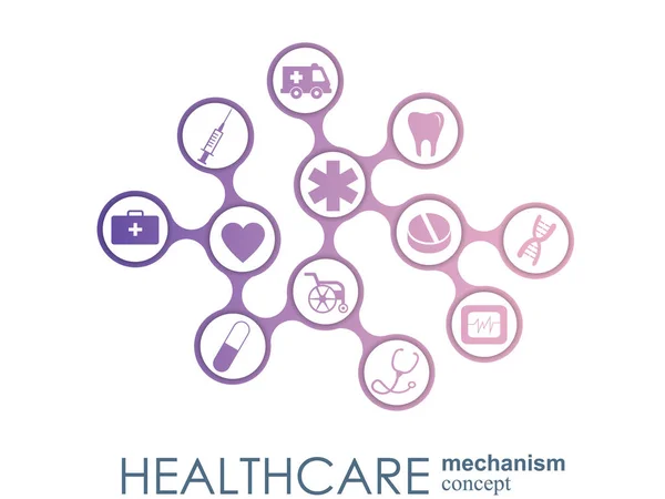 Υγειονομικής περίθαλψης μηχανισμός έννοια. Αφηρημένα φόντο με συνδεδεμένα εργαλεία και εικονίδια για ιατρική, υγεία, στρατηγική, περίθαλψη, ιατρική, δίκτυο, κοινωνικών μέσων μαζικής ενημέρωσης και παγκόσμιες έννοιες. Φορέα infographic. — Διανυσματικό Αρχείο