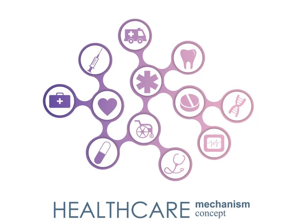 Concetto di meccanismo sanitario. Sfondo astratto con ingranaggi collegati e icone per medico, salute, strategia, cura, medicina, rete, social media e concetti globali. Infografica vettoriale . — Vettoriale Stock