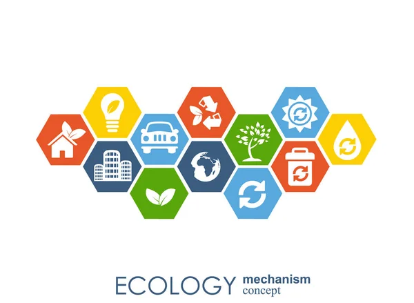 Ekologi mekanism koncept. abstrakt bakgrund med anslutna växlar och ikoner för miljövänlig, energi, miljö, grön, återvinna, bio och globala begrepp. vektor infographic illustration. — Stock vektor