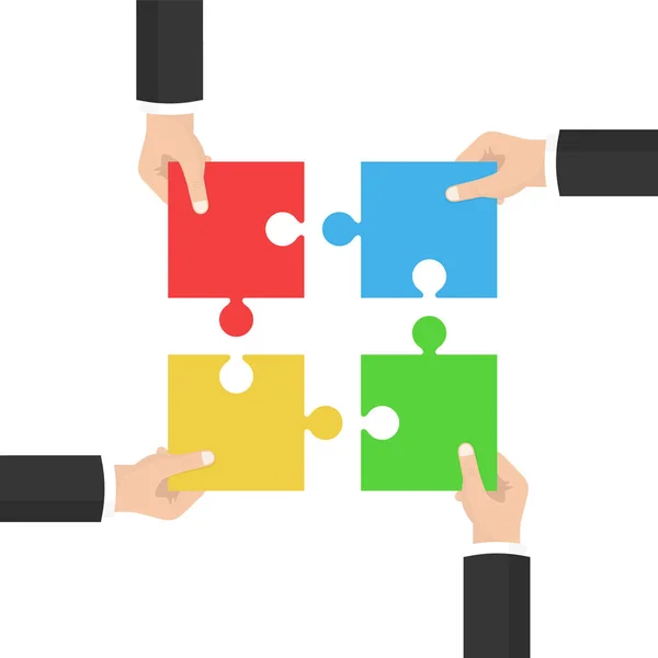 Concetto di lavoro di squadra. Uomini d'affari con in mano un puzzle. Strategia e soluzione. Cooperazione, combinazione. Illustrazione vettoriale . — Vettoriale Stock