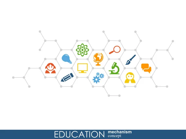 Education network. Hexagon abstract background with lines, polygons, and integrate flat icons. Connected symbols for elearning, knowledge, learn and global concepts. Vector interactive illustration. — Stock Vector