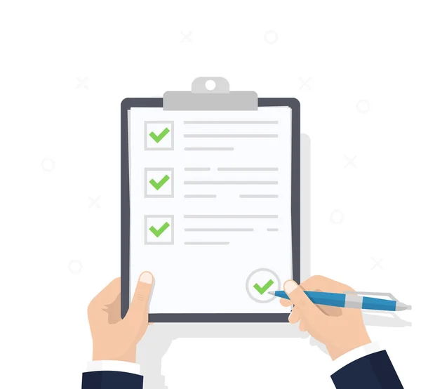 Zakenman handen houden Klembord checklist met pen. Checklist, voltooi taken, to-do lijst, enquête, examen concepten. Beste kwaliteit. Platte illustratie van het Klembord met controlelijstpictogram voor web. Vector. — Stockvector