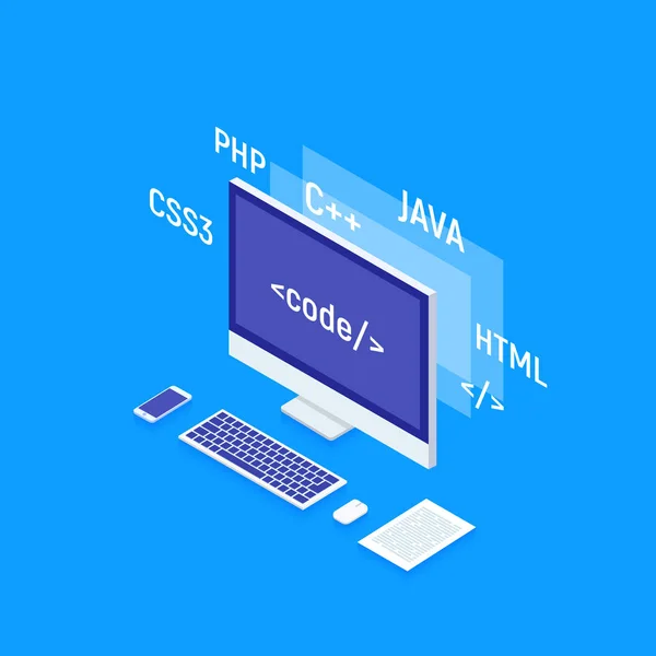 Web Software Development concept, programming and coding. Laptop with big data processing, computing isometric. Isometric vector illustration. — Stock Vector