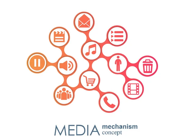 Concept de mécanisme médiatique. Fond abstrait de croissance avec méta-boules intégrées, icône intégrée pour numérique, stratégie, internet, réseau, connexion, communication, technologie, concepts globaux . — Image vectorielle