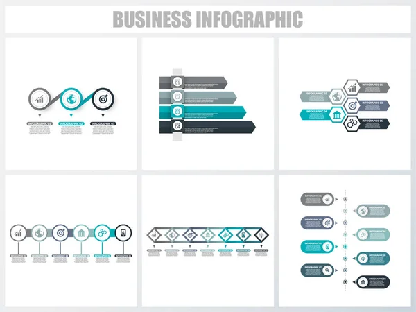 Infográficos abstratos opções de número modelo 3, 4, 5, 6, 7, 8. Ilustração vetorial. Pode ser usado para layout de fluxo de trabalho, diagrama, opções de passo de negócios de estratégia, banner e conjunto de design web . — Vetor de Stock