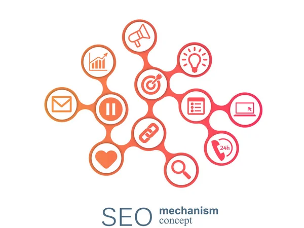 SEO mekanizması kavramı. Abstract entegre vites ve kutsal kişilerin resmi için strateji, dijital arka plan, internet, ağ, bağlanmak, analytics, sosyal medya ve genel kavramlar. — Stok Vektör