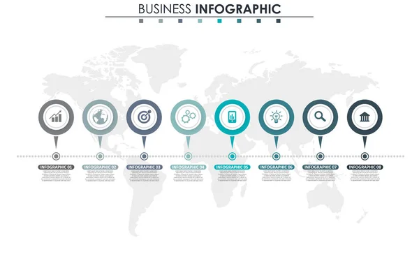 Données commerciales, graphique. Éléments abstraits du graphique, diagramme avec 8 étapes, stratégie, options, pièces ou processus. Modèle d'affaires vectoriel pour la présentation. Concept créatif pour infographie . — Image vectorielle