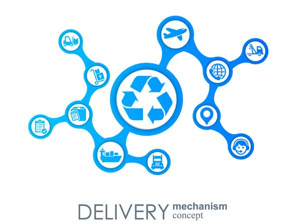 Liefermechanismus-Konzept. abstrakter Hintergrund mit vernetzten Zahnrädern und Symbolen für Logistik, Service, Strategie, Versand, Vertrieb, Transport, Markt, Kommunikationskonzepte. Vektor interaktiv. — Stockvektor