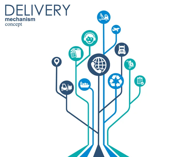 Levering mechanisme concept. Abstracte achtergrond met aangesloten versnellingen en pictogrammen voor logistiek, service, strategie, verzending, distributie, vervoer, markt, communiceren concepten. Vector interactieve. — Stockvector