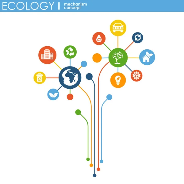Ekoloji mekanizması kavramı. arka plan bağlı ve Çevre Dostu, enerji, çevre, yeşil, geri dönüşüm, biyo ve genel kavramlar için simgeler. vektör Infographic illüstrasyon. — Stok Vektör