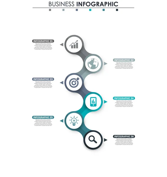 İş verileri, grafik. Grafiğin soyut öğeleri, 6 adımlı diyagram, strateji, seçenekler, parçalar veya süreçler. Sunu için vektör iş şablonu. Bilgi grafiği için yaratıcı konsept. — Stok Vektör