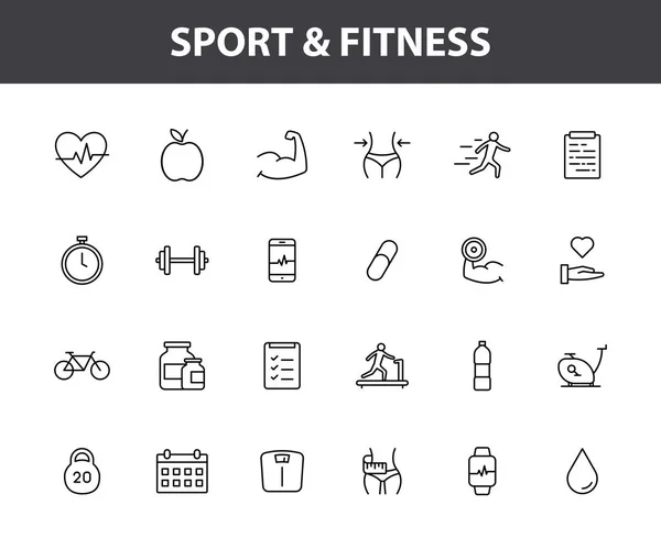 Satz von 24 Sport-und Fitness-Web-Symbole im Einklang mit Stil. Fußball, Ernährung, Training, Teamwork. Vektorillustration. — Stockvektor
