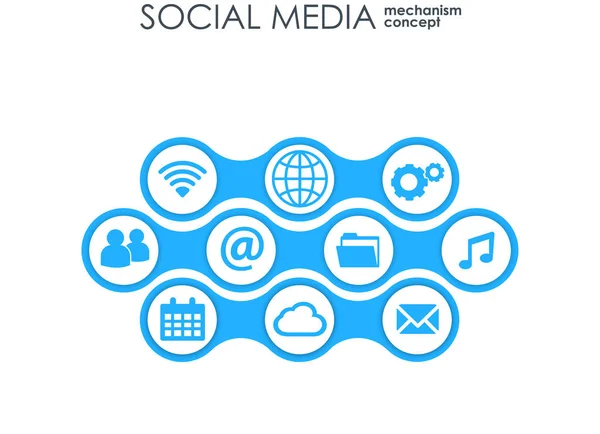 Sosyal Medya bağlantı kavramı. Arka plan ile entegre daireler ve kutsal kişilerin resmi için dijital, internet, ağ, bağlanmak, iletişim, teknoloji, küresel kavramları. Vektör infograp çizim. — Stok Vektör