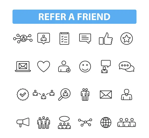 Set med 24 Tipsa en vän webb ikoner i linjestil. Remiss program, marknadsföring, Bjud in vänner. Vektor illustration. — Stock vektor