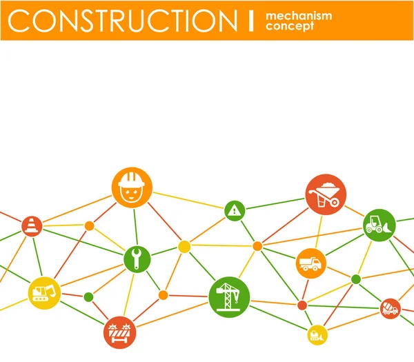 Construction network. Hexagon abstract background with lines, polygons, and integrated flat icons. Connected symbols for build, industry, architectural, engineering concepts. Vector. — Stock Vector