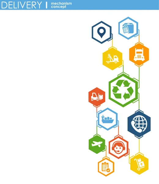 Levering mechanisme concept. Abstracte achtergrond met aangesloten versnellingen en pictogrammen voor logistiek, service, strategie, verzending, distributie, vervoer, markt, communiceren concepten. Vector interactieve. — Stockvector