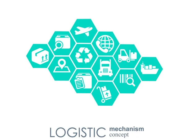 Logistieke mechanisme concept. distributie, levering, service, transport, logistiek, vervoer, markt concepten. Abstracte achtergrond met verbonden objecten. Vectorillustratie. — Stockvector