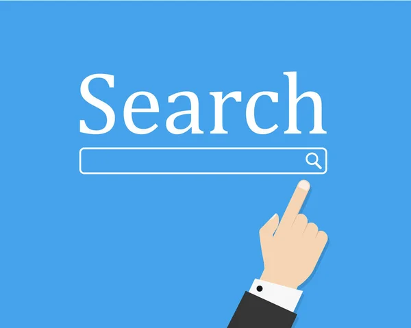 Searching concept. Modern technologies. Vector illustration flat design. Isolated on white background. Search on internet. Mobile app. Businessman uses the application search bar. Human hand. — Stock Vector