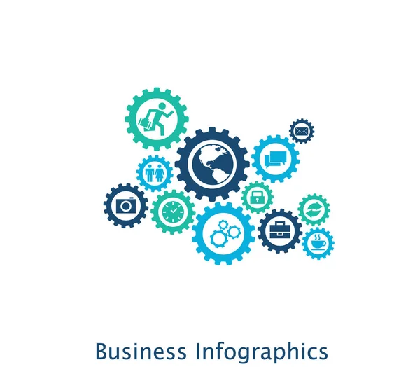 Conceito de mecanismo de negócios. Antecedentes abstratos com engrenagens conectadas e ícones para estratégia, serviço, análise, pesquisa, seo, marketing digital, conceitos de comunicação. Ilustração infográfica vetorial — Vetor de Stock