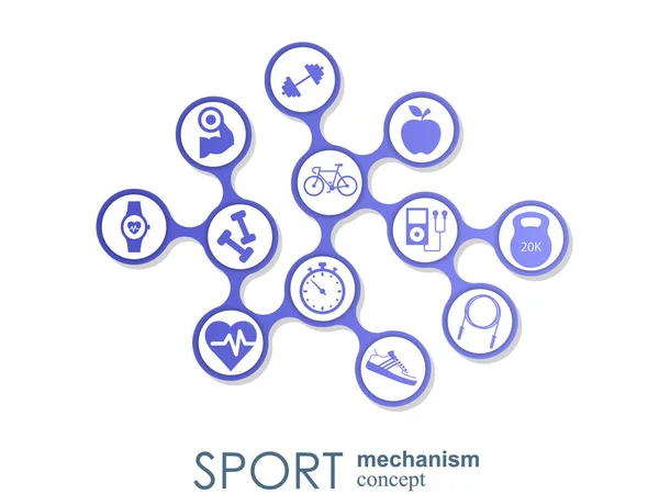 Sportmechanismus-Konzept. Fußball, Basketball, Volleyball, Ballkonzepte. abstrakter Hintergrund mit miteinander verbundenen Objekten. Vektorillustration. — Stockvektor