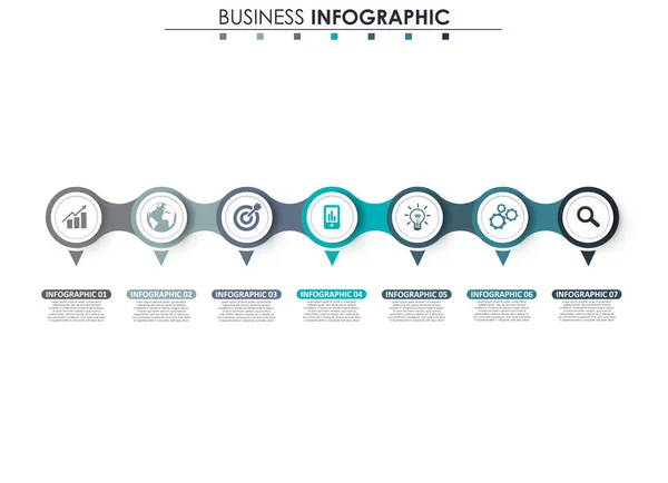 Geschäftsdaten, Grafik. abstrakte Elemente von Graphen, Diagrammen mit 7 Schritten, Strategie, Optionen, Teilen oder Prozessen. Vektor-Geschäftsvorlage für die Präsentation. Kreatives Konzept für Infografik. — Stockvektor