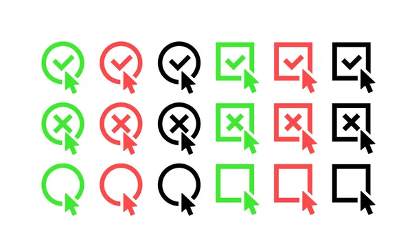 Πράσινο σημάδι ελέγχου και σύνολο εικονιδίων κόκκινου σταυρού. Κύκλος και τετράγωνο. Σύμβολο υποδιαίρεσης σε πράσινο χρώμα, απεικόνιση διανύσματος. — Διανυσματικό Αρχείο