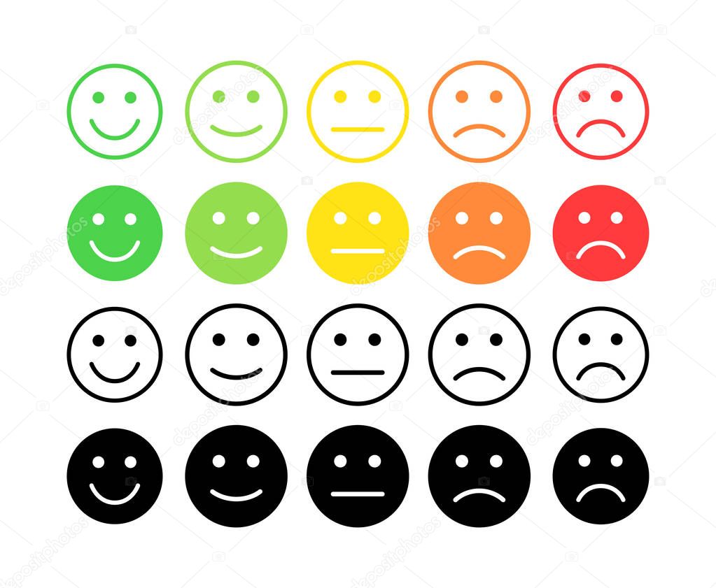 Feedback vector concept. Rank, level of satisfaction rating. Excellent, good, normal, bad awful. Feedback in form of emotions, smileys, emoji. User experience Review of consumer.