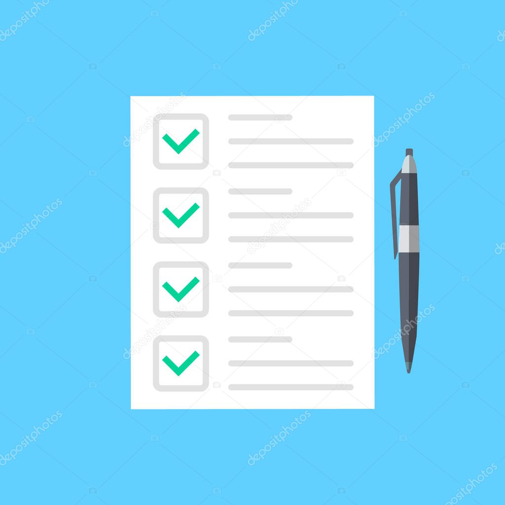 Survey form icon, flat style good exam results paper sheet with pen, quiz form idea, interview assessment, passed questionnaire, isolated on color background image. Vector illustration.