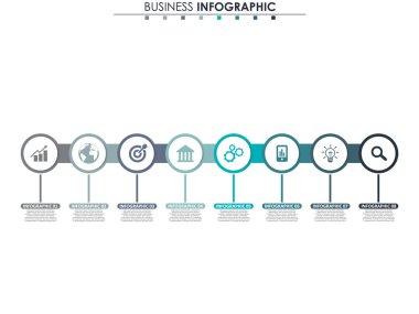 İş verileri, grafik. Grafiğin soyut öğeleri, 8 adımlı diyagram, strateji, seçenekler, parçalar veya süreçler. Sunu için vektör iş şablonu. Bilgi grafiği için yaratıcı konsept.