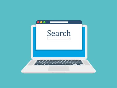 Bilgisayar dizüstü bilgisayar, tarayıcı penceresi ve web arama motoru arama sonuçlarında sıralama siteleri. Arama motoru. Düz tasarım, arka planda vektör çizimi.