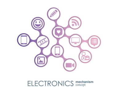 Elektronik mekanizma. Arka plan bağlı ve tümleşik düz simgeler. Bağlı sembolleri Monitor, telefon. Etkileşimli vektör çizim.
