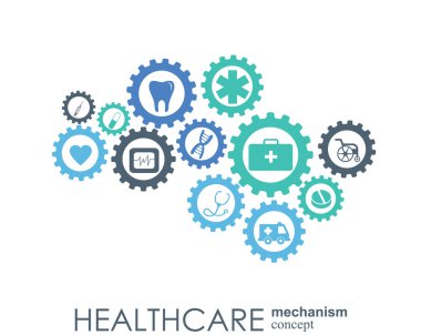 Sağlık mekanizması kavramı. Arka plan bağlı ve tıp, sağlık, strateji, bakım, tıp, ağ, sosyal medya ve genel kavramlar için simgeler. Vektör Infographic.