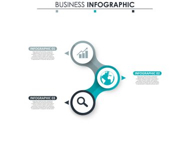 İş verileri, grafik. Grafiğin soyut öğeleri, 3 adımlı diyagram, strateji, seçenekler, parçalar veya süreçler. Sunu için vektör iş şablonu. Bilgi grafiği için yaratıcı konsept.