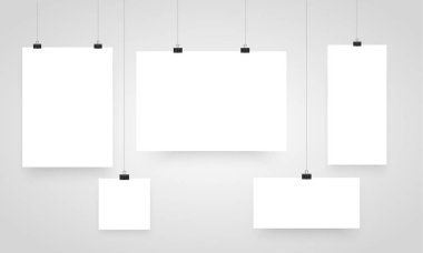 Mock-Up Gerçekçi Beyaz Poster Asılı. İş Sunumları için Klipler, Metin Yeri. Boş Beyaz Poster Şablonu. Vektör çizimi.