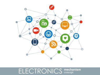 Elektronik mekanizma. Arka plan bağlı ve tümleşik düz simgeler. Bağlı sembolleri Monitor, telefon. Etkileşimli vektör çizim.